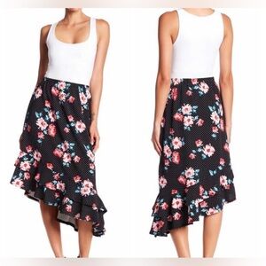 Bobeau Women’s Asymmetrical Polka Dot & Floral Ruffle Midi Skirt Size Small NWT